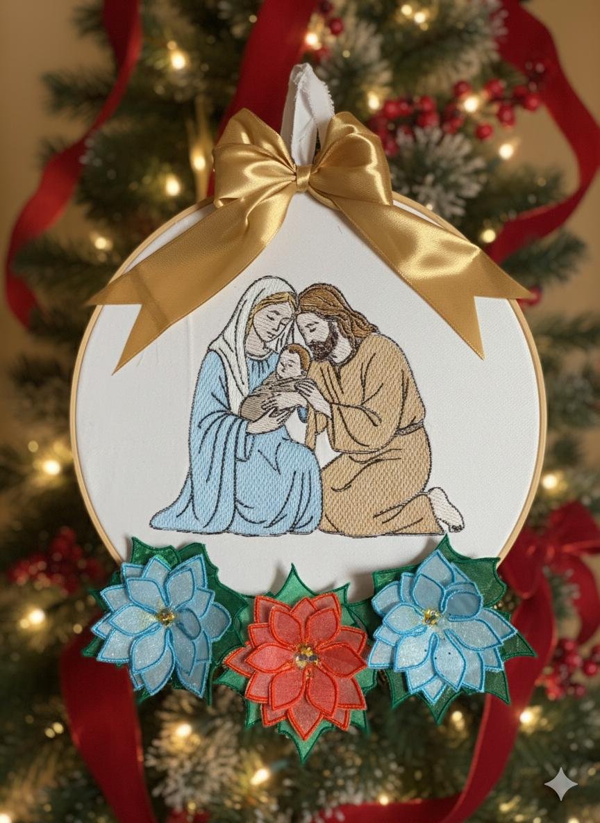 Quadro ricamato della Natività con decorazioni floreali natalizie